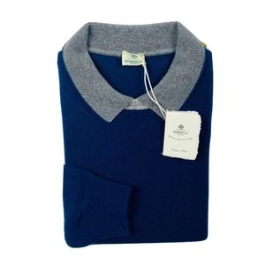Borelli Napoli Blue Gray Tipped Wool Cashmere Polo Sweater Size 52 NWT